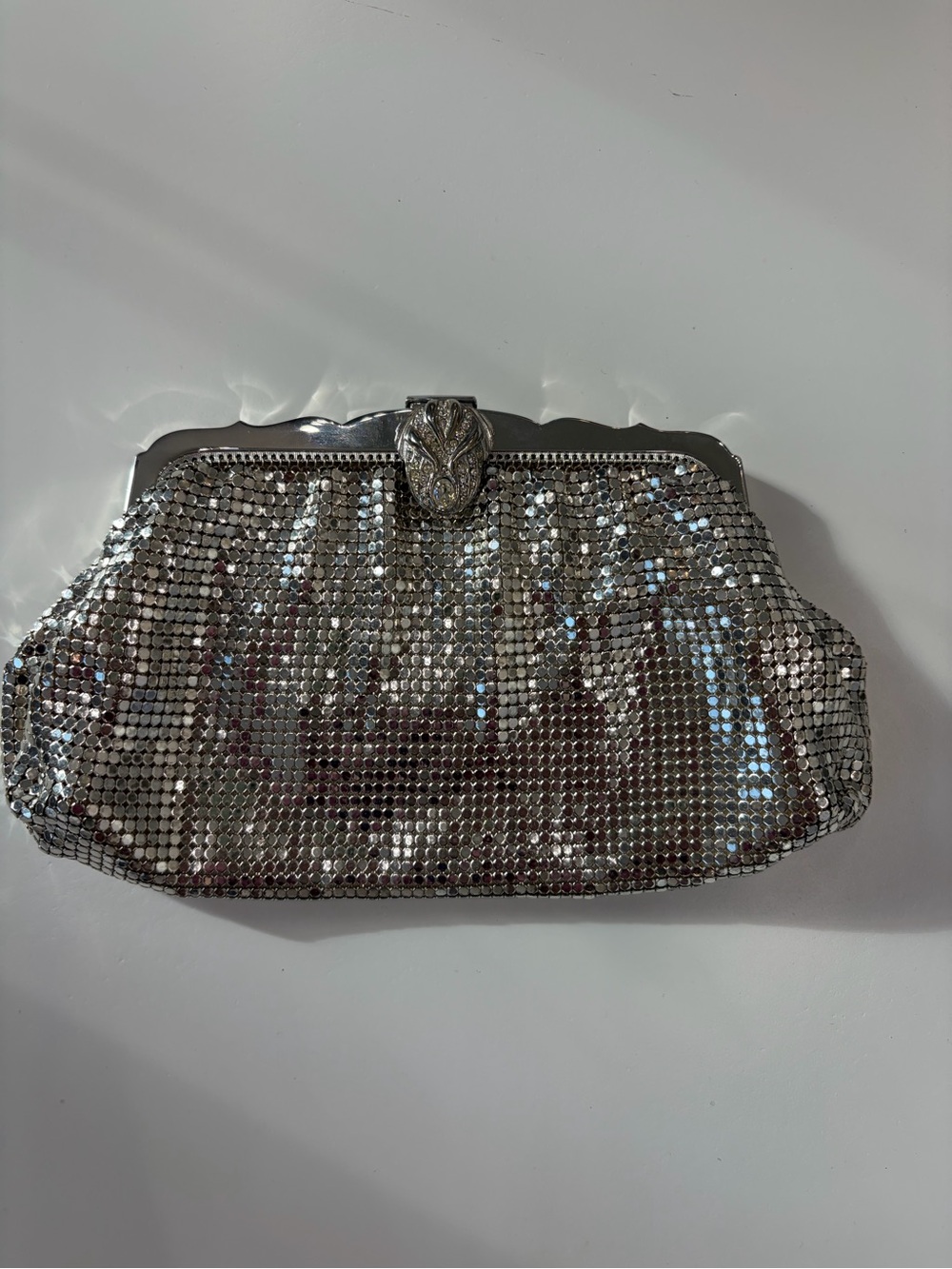 Vintage Whiting & Davis Silver Mesh Evening Bag Art Deco Rhinestone Clasp USA - Picture 3 of 12